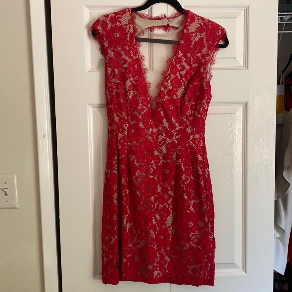 Red Aidan Mattox lace dress with back cutout